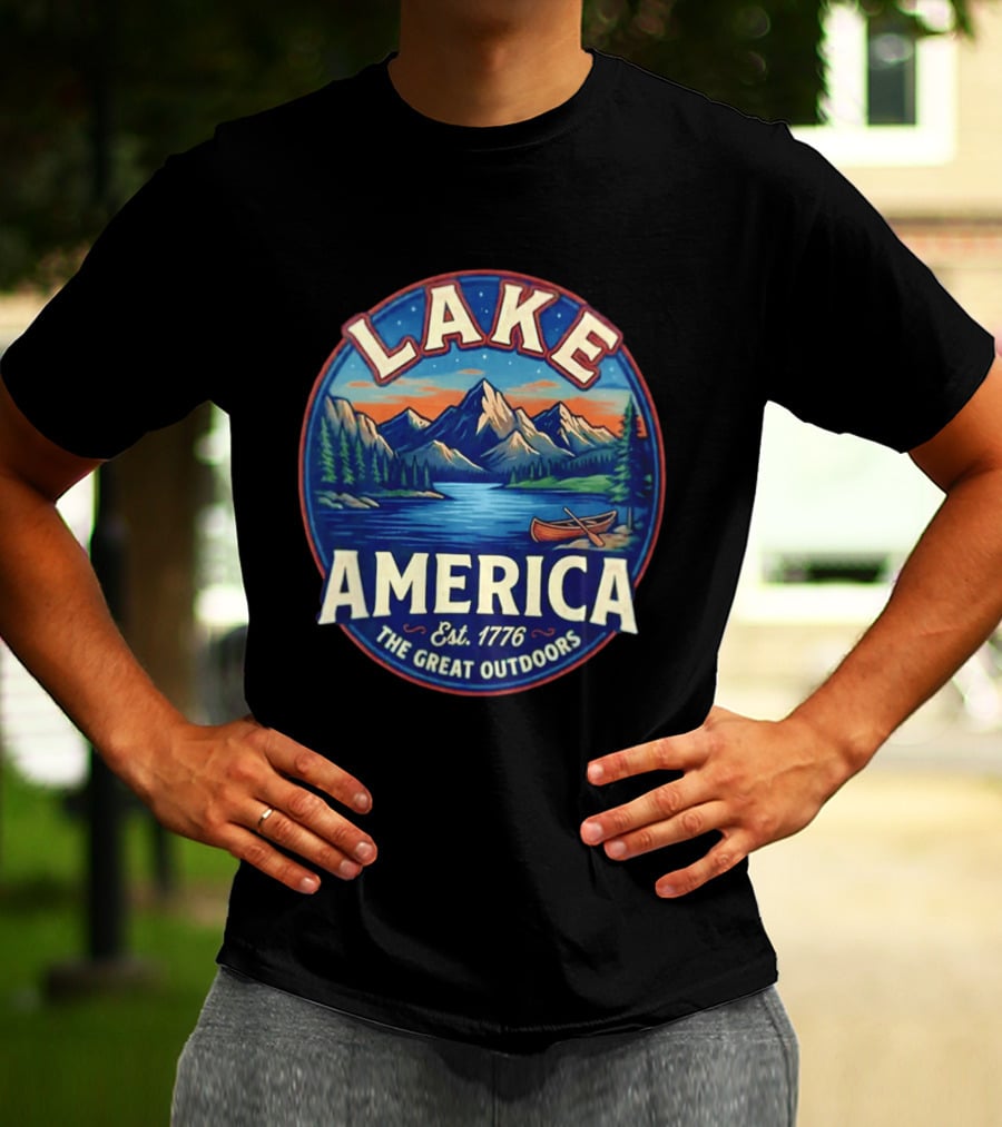 Lake America The Great Outdoors Est. 1776 Mountain Scene Canoe T-Shirt