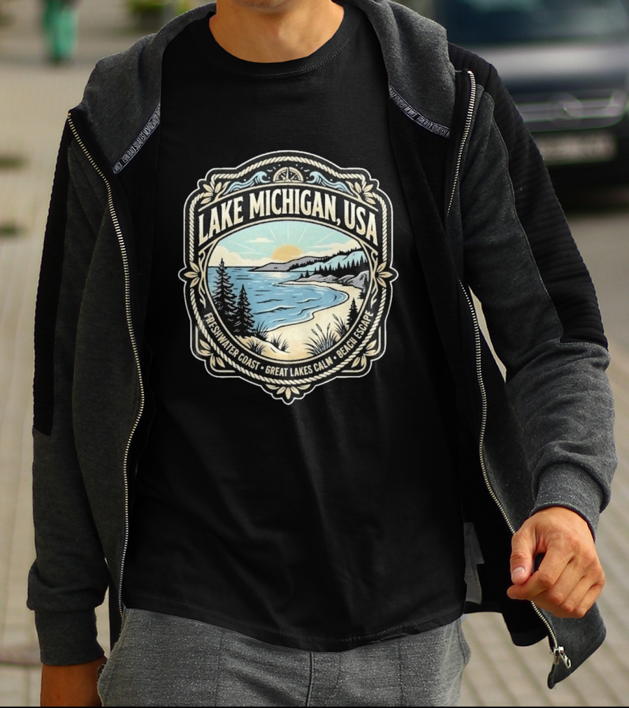 Lake Michigan USA Freshwater Coast Great Lakes Calm Beach Escape T-Shirt