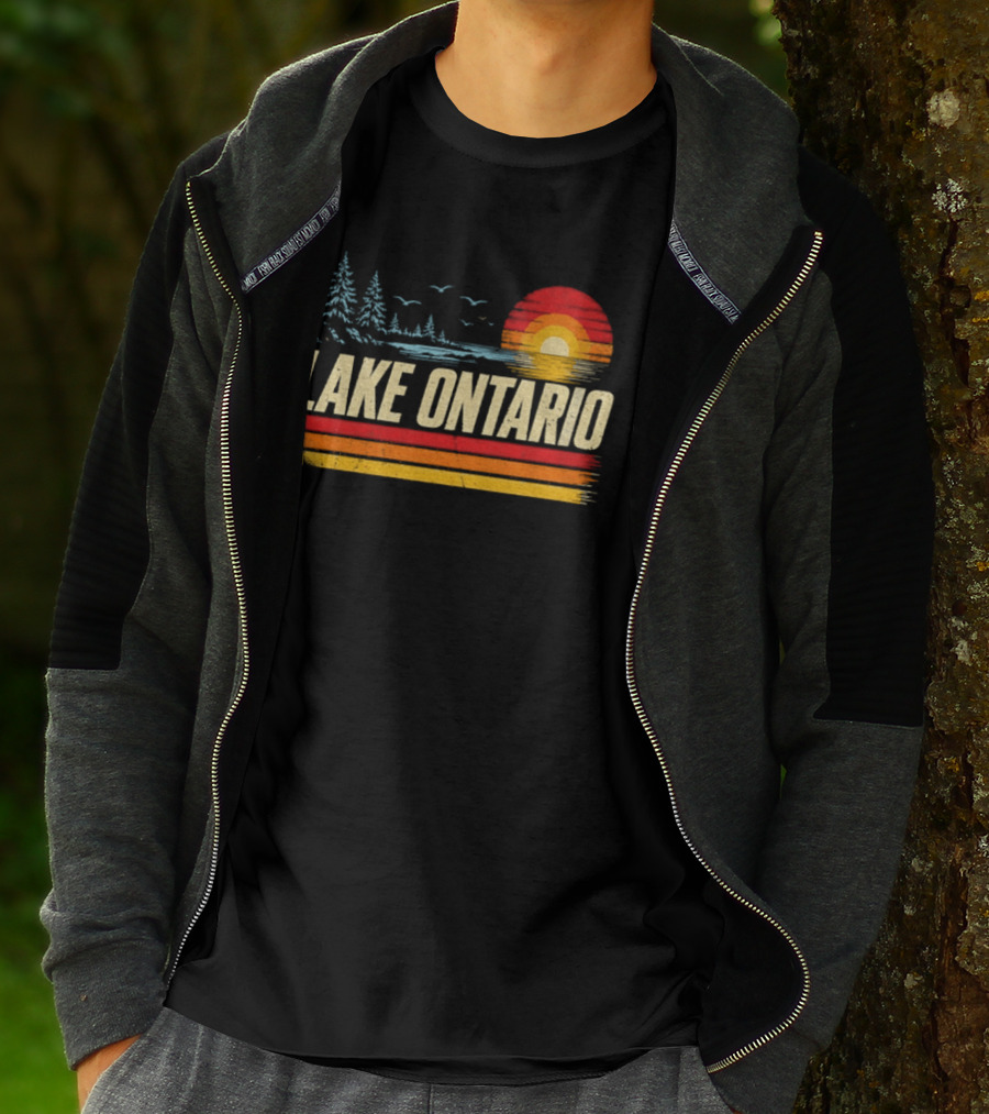 Lake Ontario Sunset Vintage Style With Pines And Birds T-Shirt