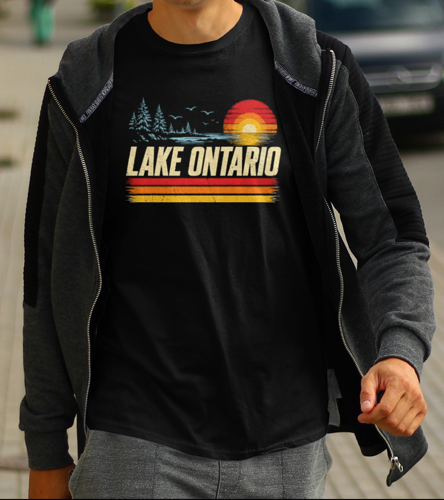 Lake Ontario Sunset Vintage Style With Pines And Birds T-Shirt
