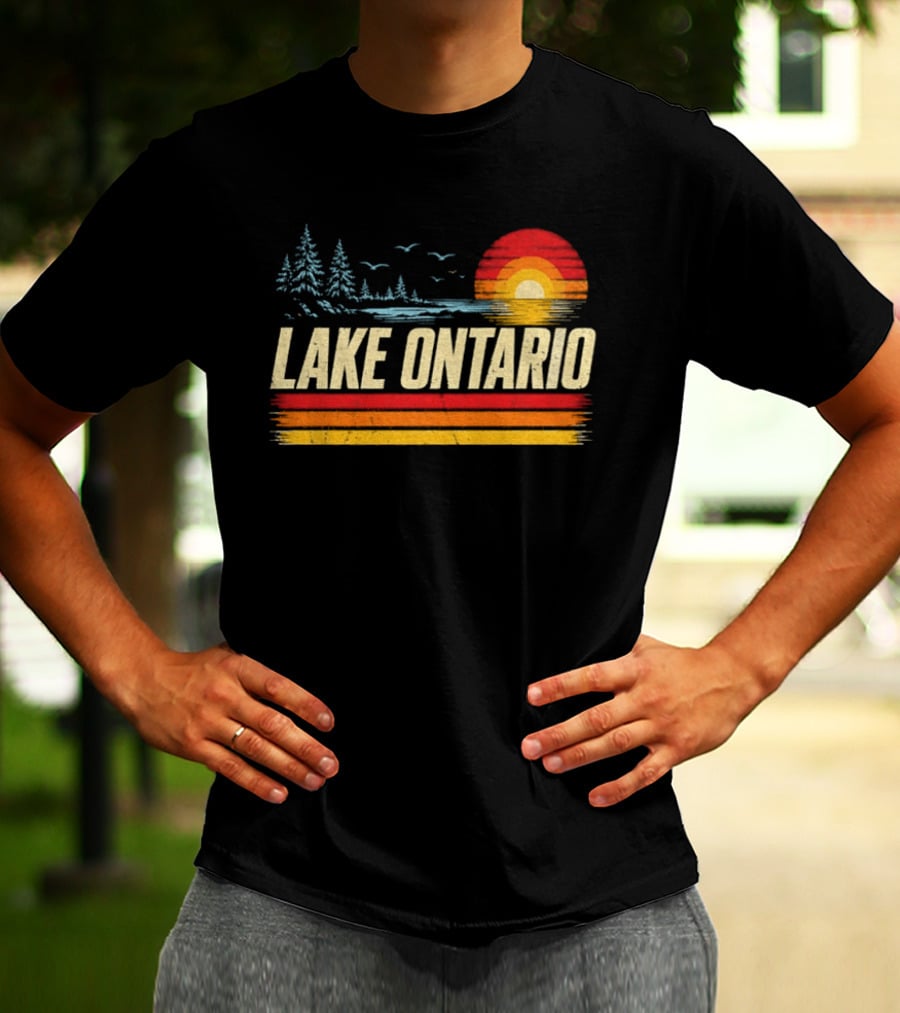 Lake Ontario Sunset Vintage Style With Pines And Birds T-Shirt