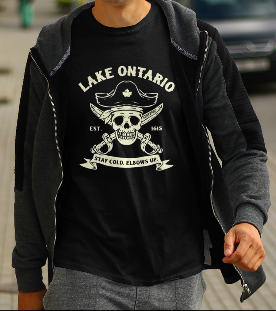Lake Ontario Skull Pirate Canada Maple Leaf Est 1615 Stay Cold Elbows Up T-Shirt