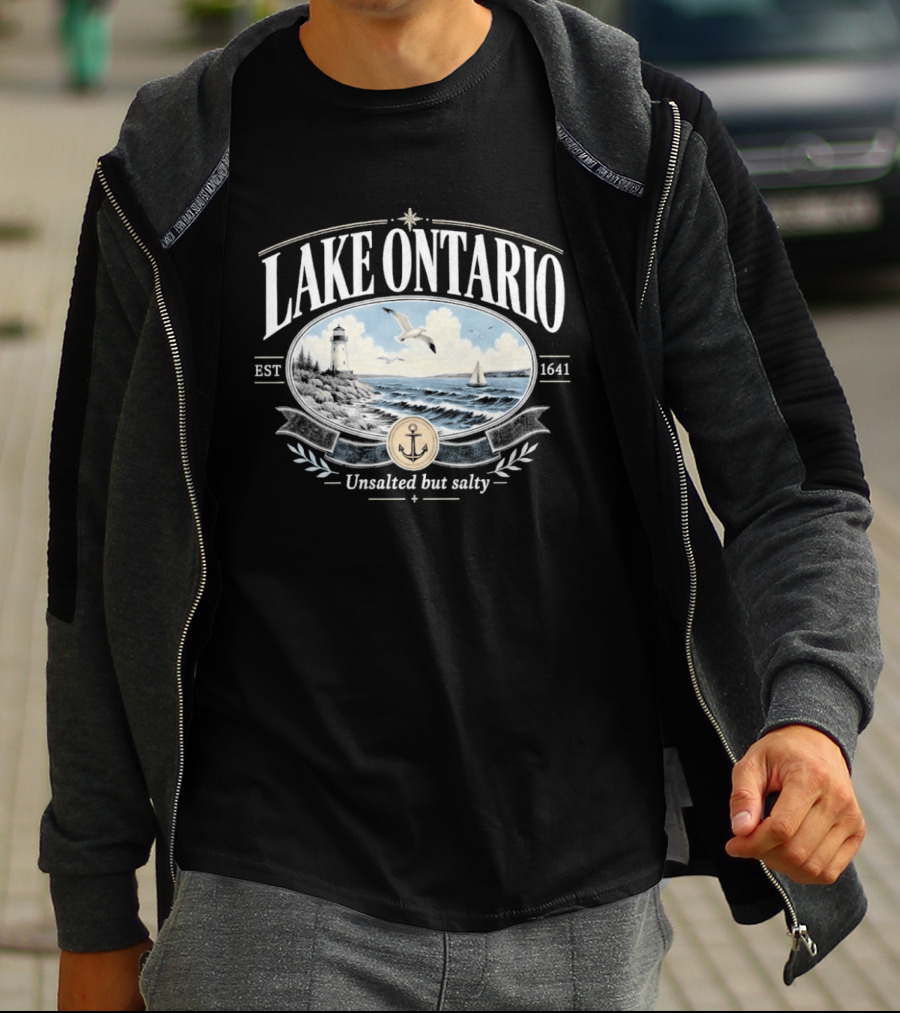 Lake Ontario Unsalted But Salty EST 1641 Seagull Lighthouse Sailboat Scene T-Shirt