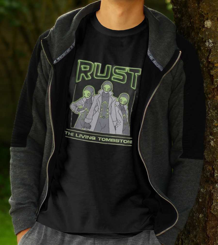 RUST The Living Tombstone Three Masked Figures Glowing Neon Trench Coats T-Shirt