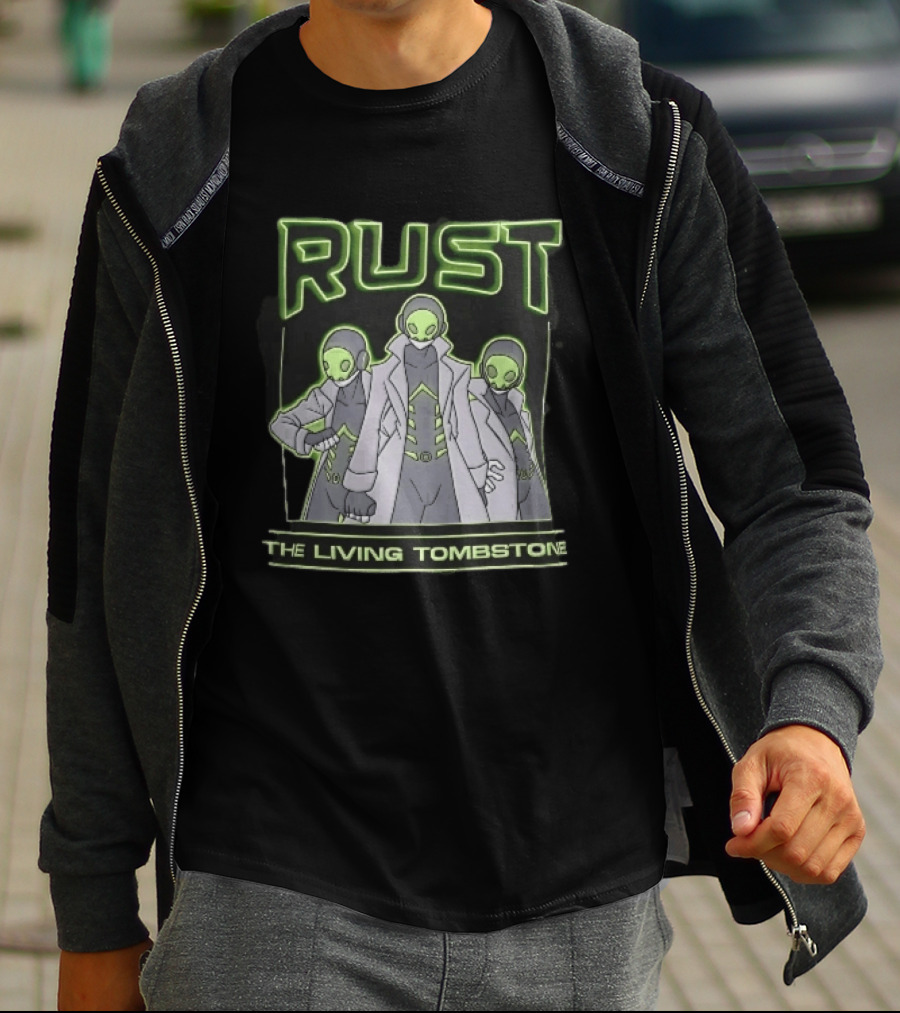 RUST The Living Tombstone Three Masked Figures Glowing Neon Trench Coats T-Shirt