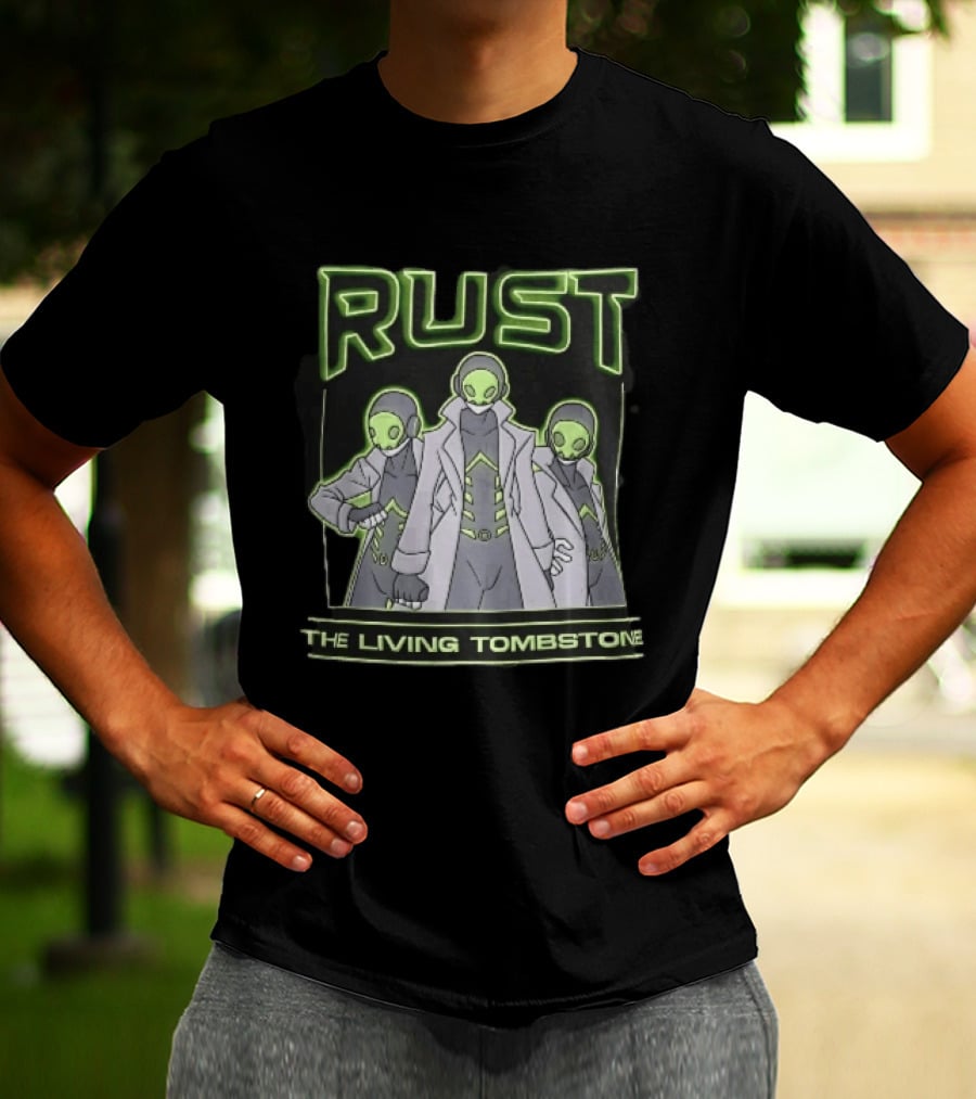 RUST The Living Tombstone Three Masked Figures Glowing Neon Trench Coats T-Shirt