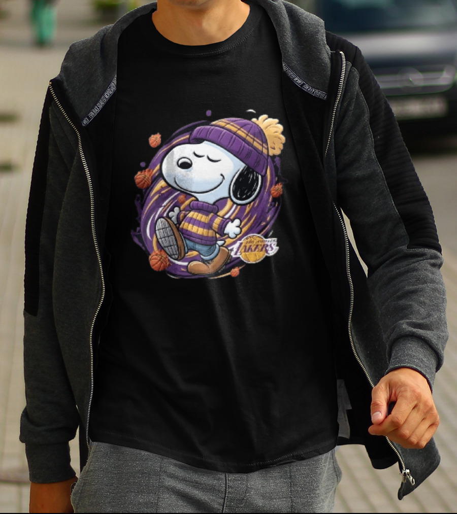Los Angeles Lakers NBA Snoopy Cartoon Beanie Swirl Flaming Basketballs T-Shirt
