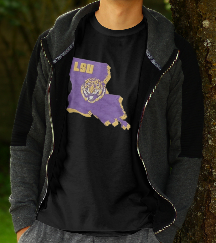 LSU Tigers NCAA Roaring Head Louisiana Map T-Shirt