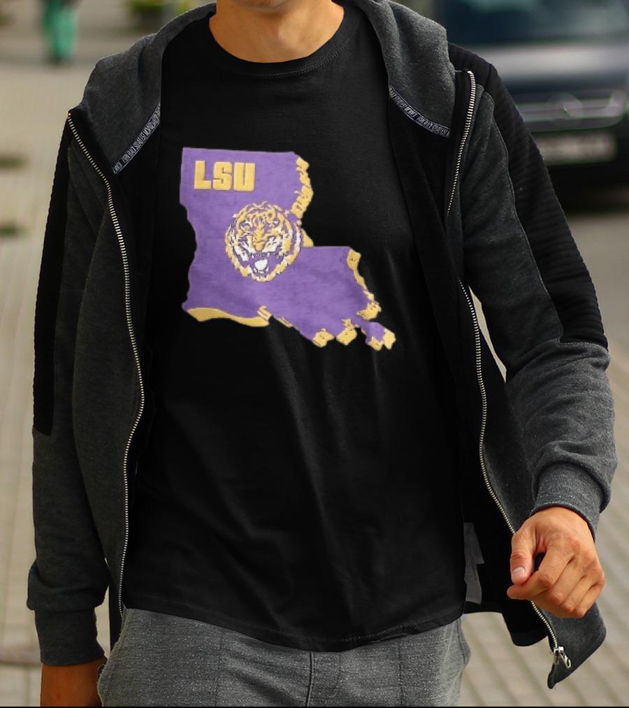 LSU Tigers NCAA Roaring Head Louisiana Map T-Shirt
