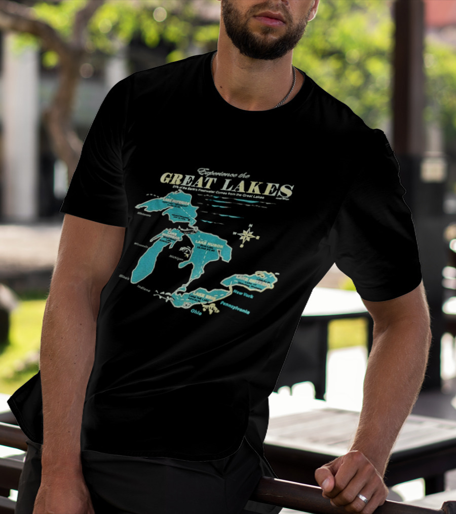 Experience The Great Lakes Map United States Geography Featuring Lake Michigan Superior Huron Erie Ontario T-Shirt