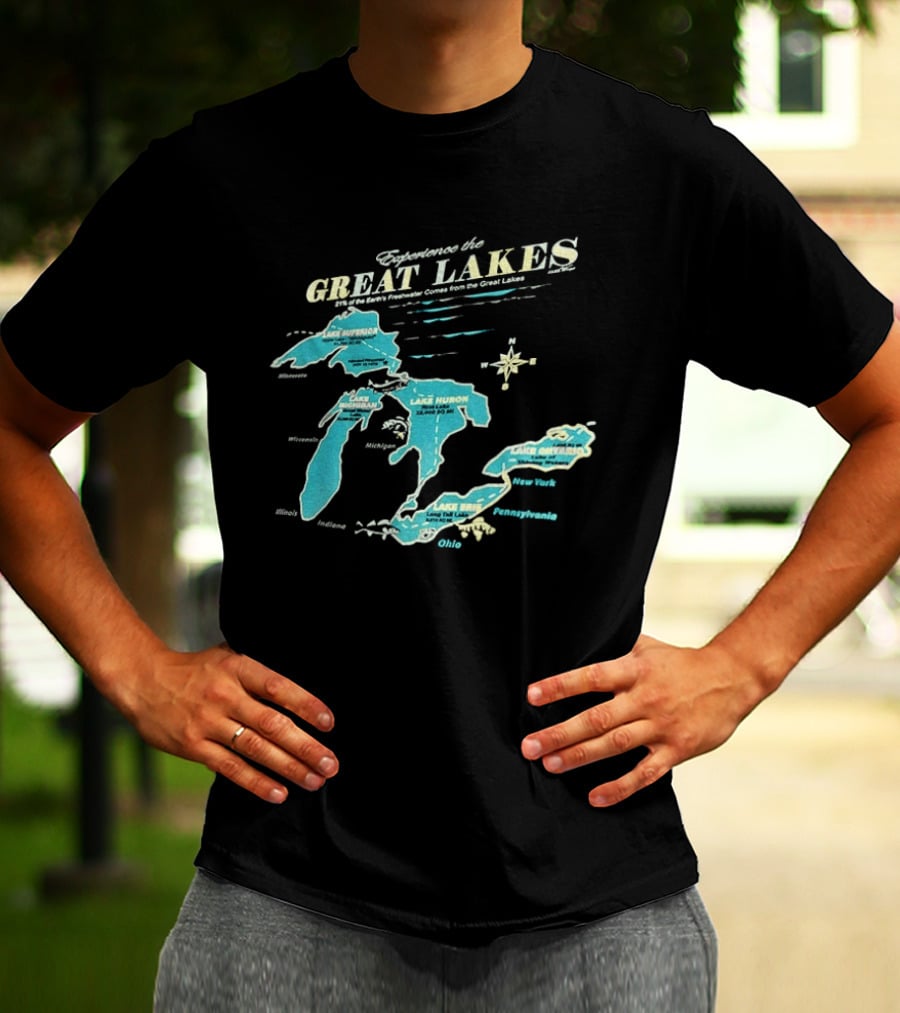 Experience The Great Lakes Map United States Geography Featuring Lake Michigan Superior Huron Erie Ontario T-Shirt