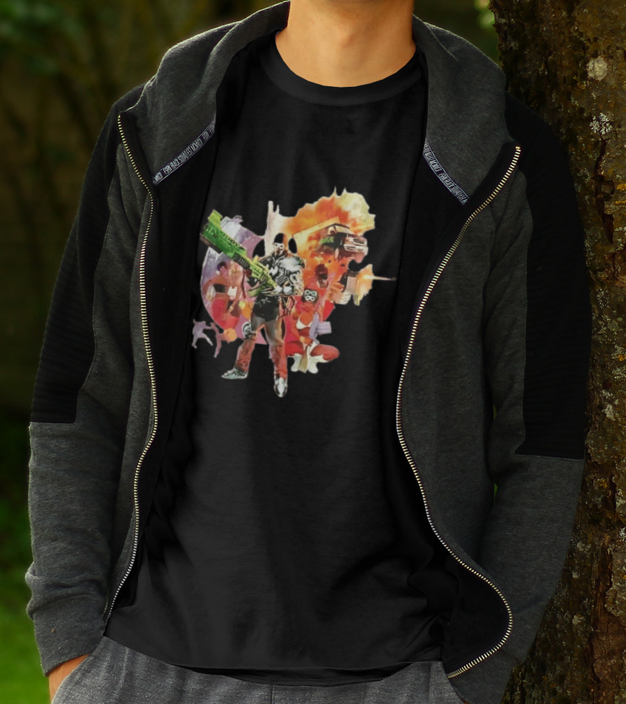 Masked Skeleton Soldier Green Rifle Fire Explosion Flying Truck Collage T-Shirt