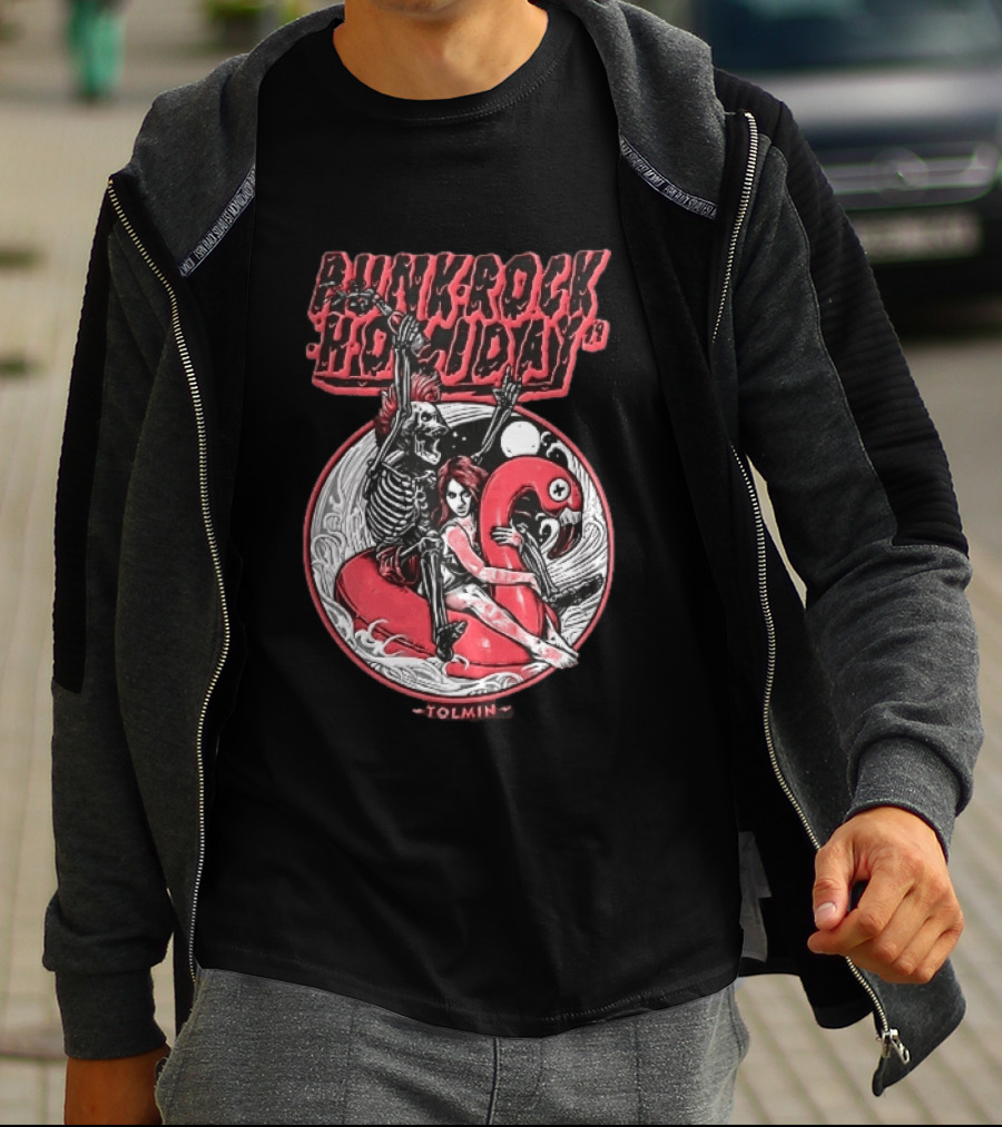 Punk Rock Holiday 19 Tolmin Mohawk Skeleton Riding Pink Flamingo Ocean Waves T-Shirt