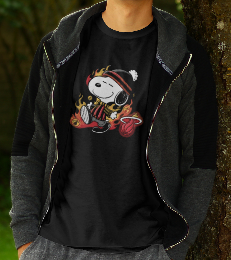 Miami Heat NBA Snoopy Walking Beanie Striped Flames Cartoon T-Shirt
