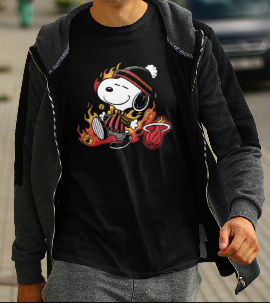 Miami Heat NBA Snoopy Walking Beanie Striped Flames Cartoon T-Shirt