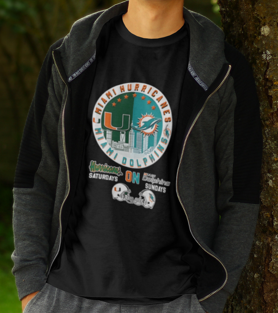 Miami Hurricanes Dolphins City Skyline Saturdays Sundays Two Helmets T-Shirt