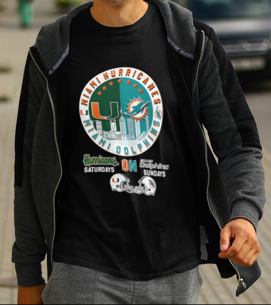 Miami Hurricanes Dolphins City Skyline Saturdays Sundays Two Helmets T-Shirt