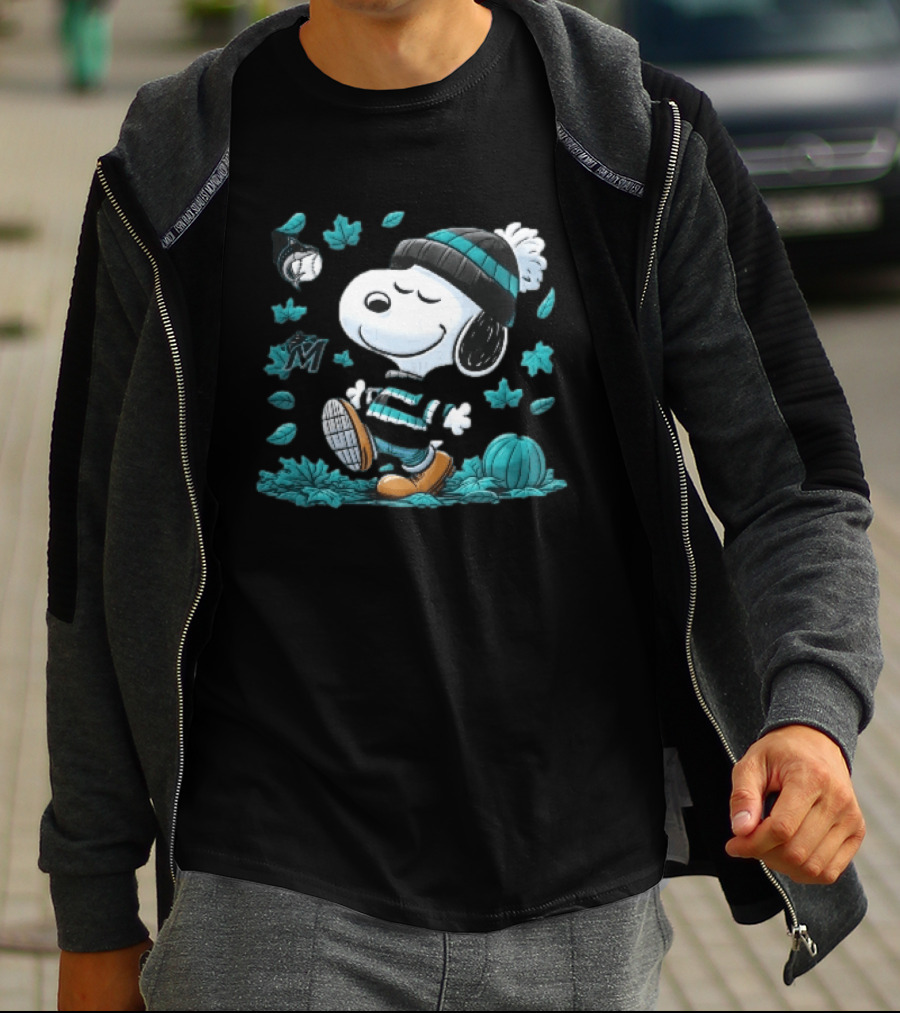 Miami Marlins Snoopy Walking Winter Beanie Autumn Leaves Pumpkin MLB Cartoon T-Shirt