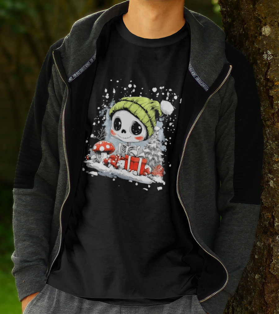 Skeleton In Green Beanie Hat With Mushroom And Christmas Present T-Shirt