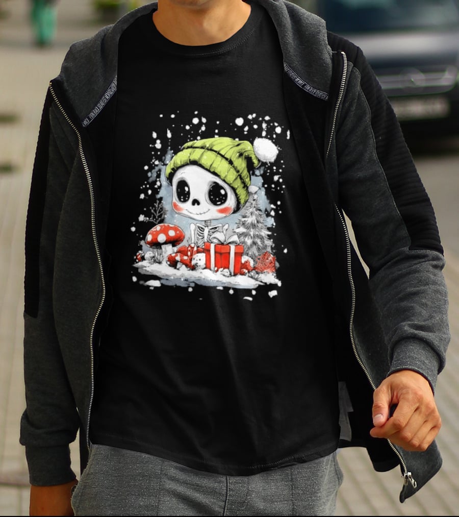 Skeleton In Green Beanie Hat With Mushroom And Christmas Present T-Shirt