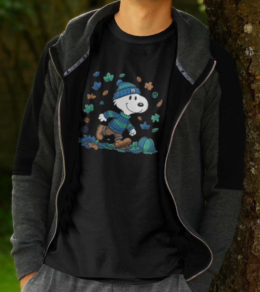 Snoopy Walking Autumn Leaves Blue Green Beanie Pumpkin T-Shirt