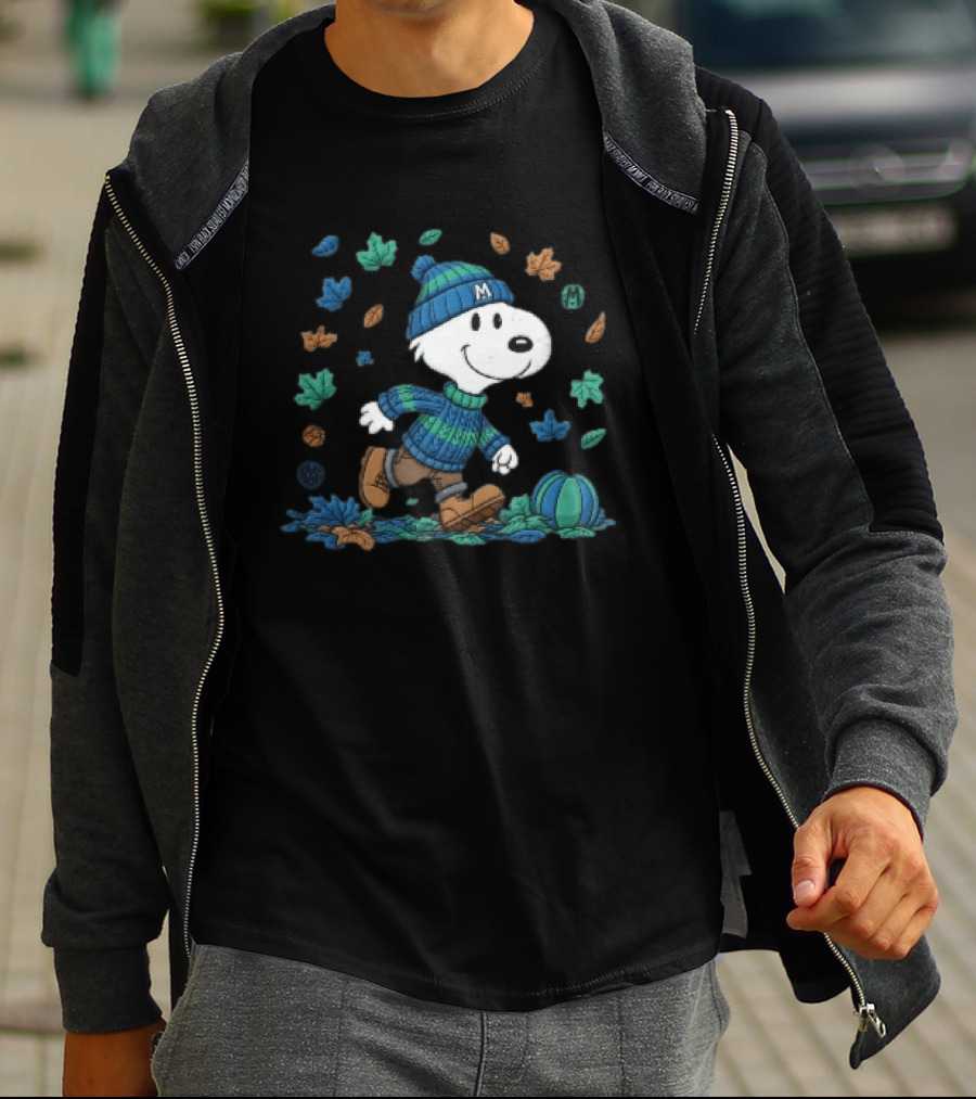 Snoopy Walking Autumn Leaves Blue Green Beanie Pumpkin T-Shirt