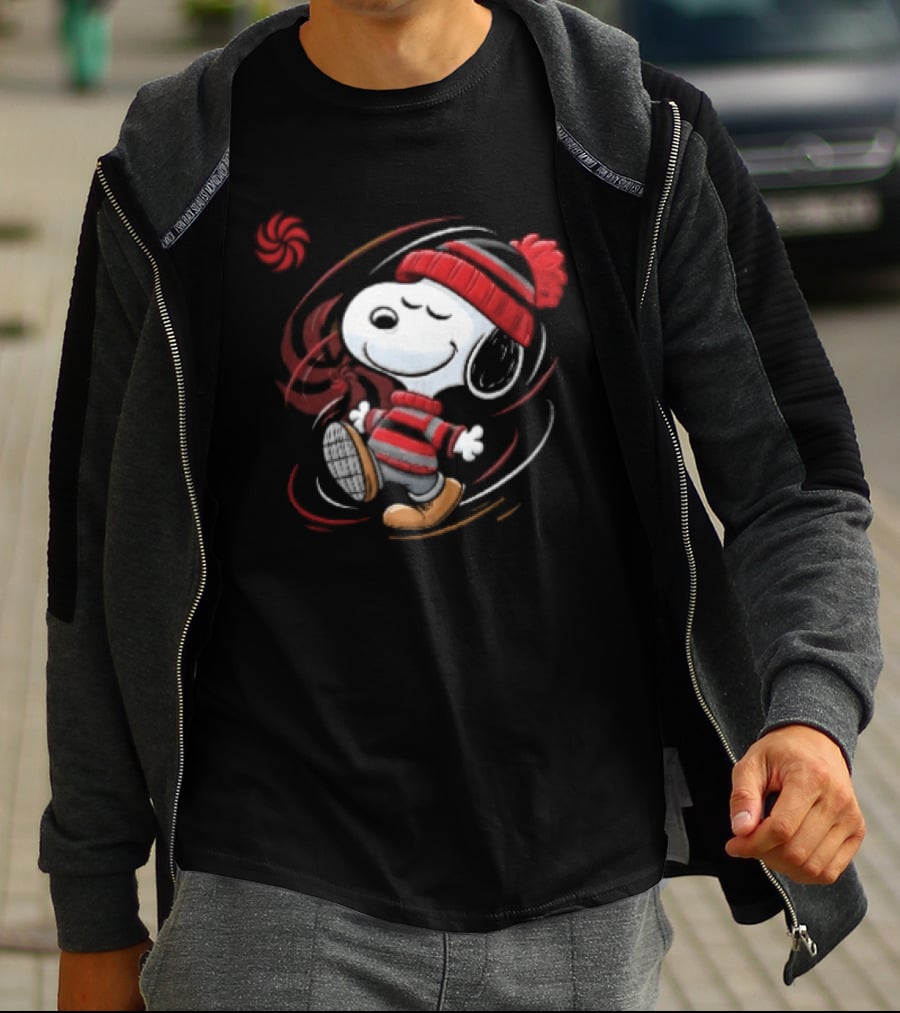 Snoopy Walking Red Black Striped Beanie Swirl Cartoon T-Shirt