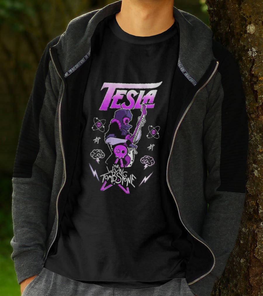 Tesla The Living Tombstone Purple Hooded Skull Mask Electric Guitar Pixel T-Shirt
