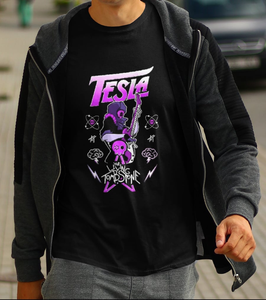 Tesla The Living Tombstone Purple Hooded Skull Mask Electric Guitar Pixel T-Shirt