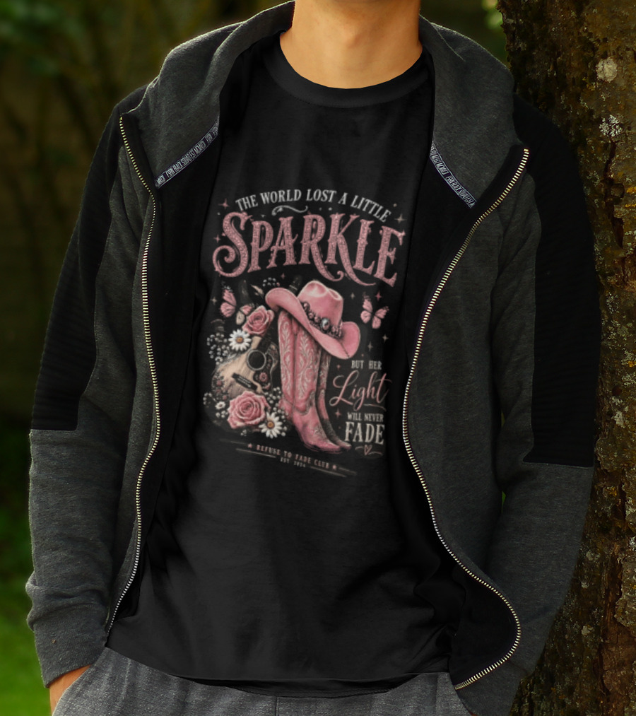 The World Lost A Little Sparkle Cowboy Boot Her Light Will Never Fade Pink Hat Guitar Flowers Vintage Western T-Shirt