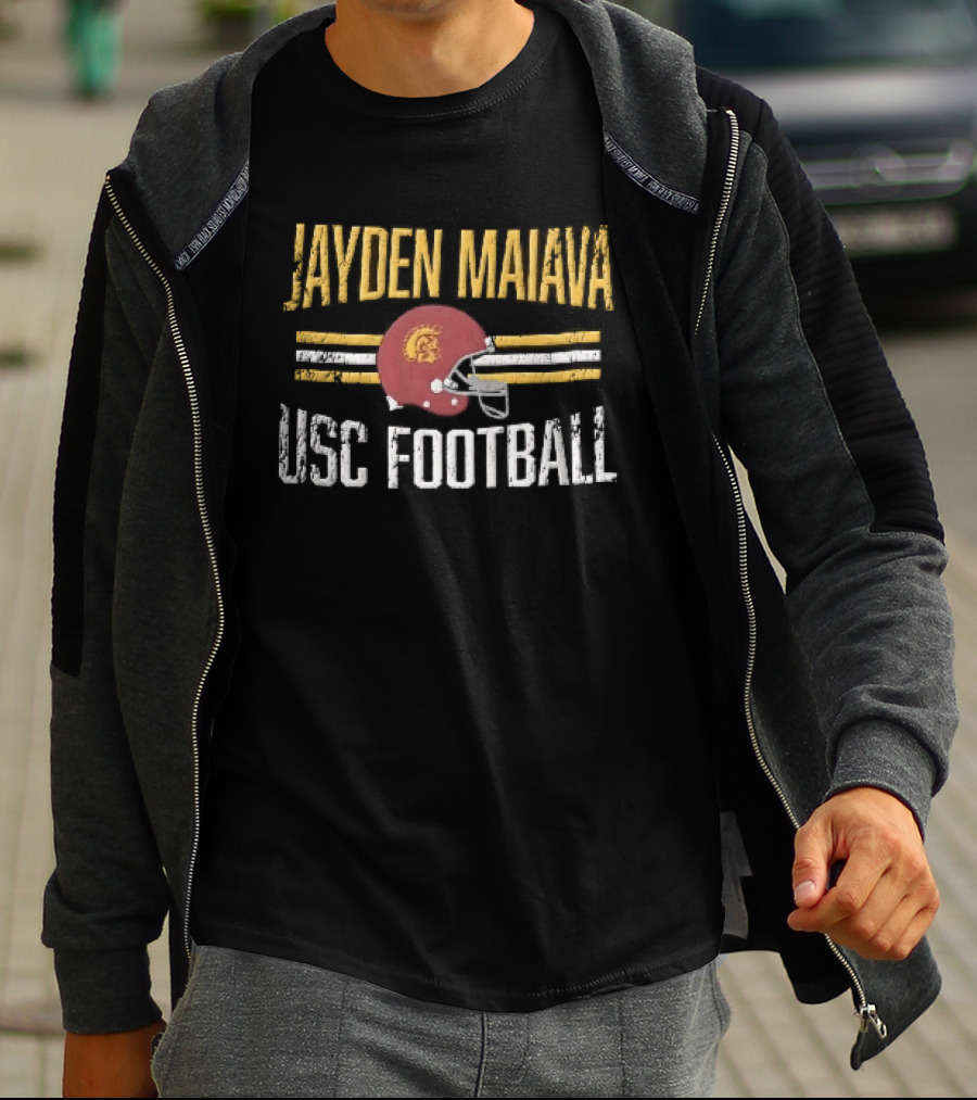 Jayden Maiava USC Football Distressed Helmet Yellow Stripes T-Shirt