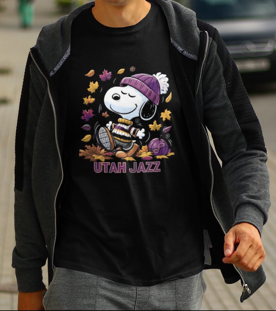 Utah Jazz Snoopy Cartoon Walking In Autumn Leaves Purple Beanie Basketball T-Shirt