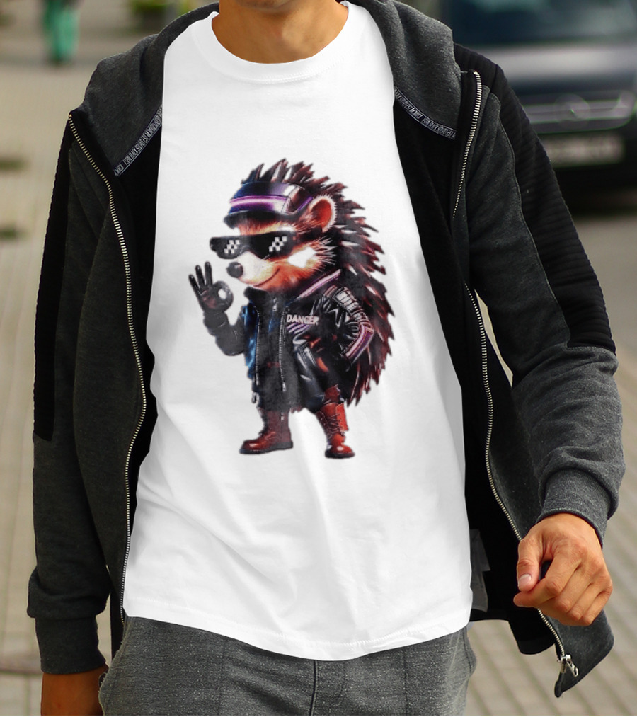 Danger Hedgehog Pixel Sunglasses Leather Jacket T-Shirt