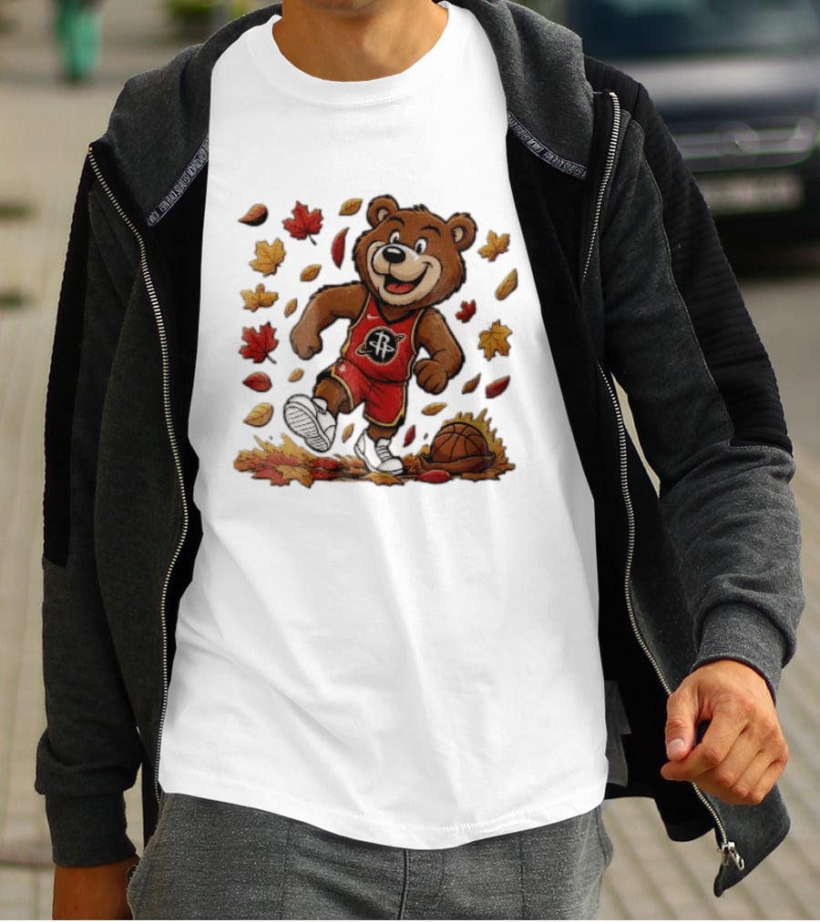 Houston Rockets Clutch The Bear Running With Basketball And Autumn Leaves T-Shirt