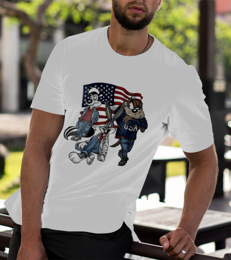 Looney Tunes Pepe Le Pew Bugs Bunny Tasmanian Devil USA American Flag Caricature T-Shirt