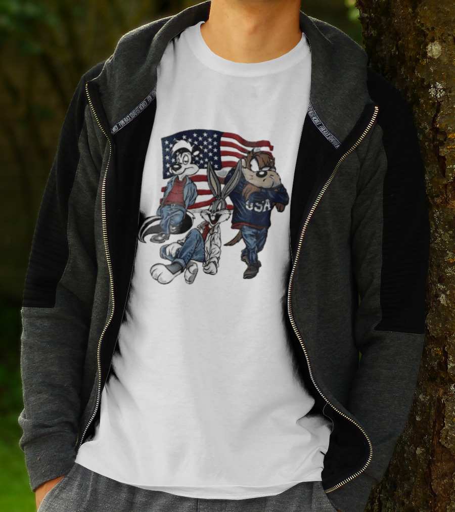 Looney Tunes Pepe Le Pew Bugs Bunny Tasmanian Devil USA American Flag Caricature T-Shirt