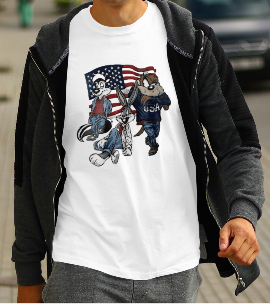 Looney Tunes Pepe Le Pew Bugs Bunny Tasmanian Devil USA American Flag Caricature T-Shirt