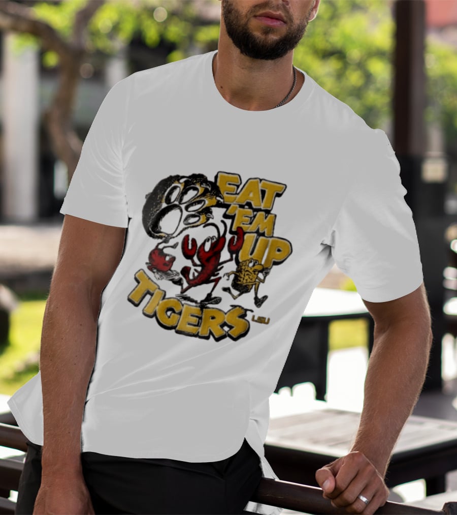 LSU Tigers Eat Em Up Cartoon Crawfish Corn Bean Paw Running T-Shirt