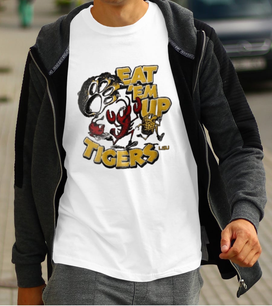 LSU Tigers Eat Em Up Cartoon Crawfish Corn Bean Paw Running T-Shirt