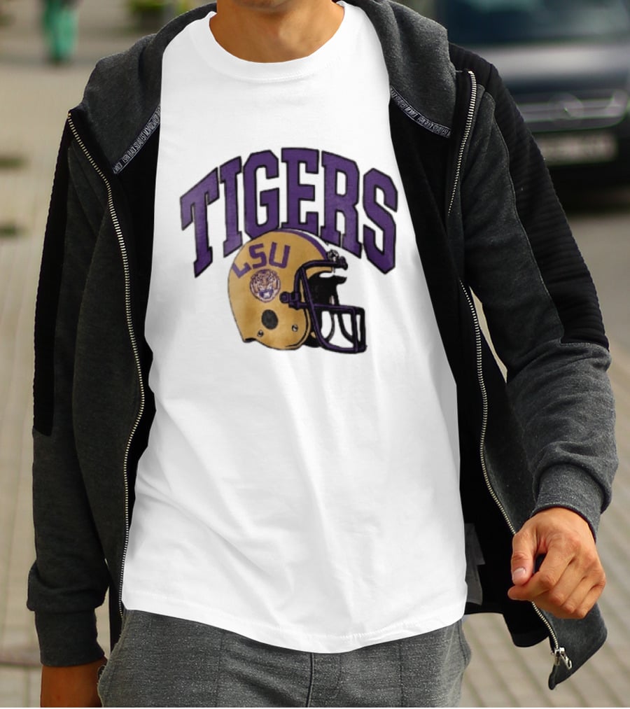 LSU Tigers Yellow Football Helmet Purple Arched Letters NCAA T-Shirt