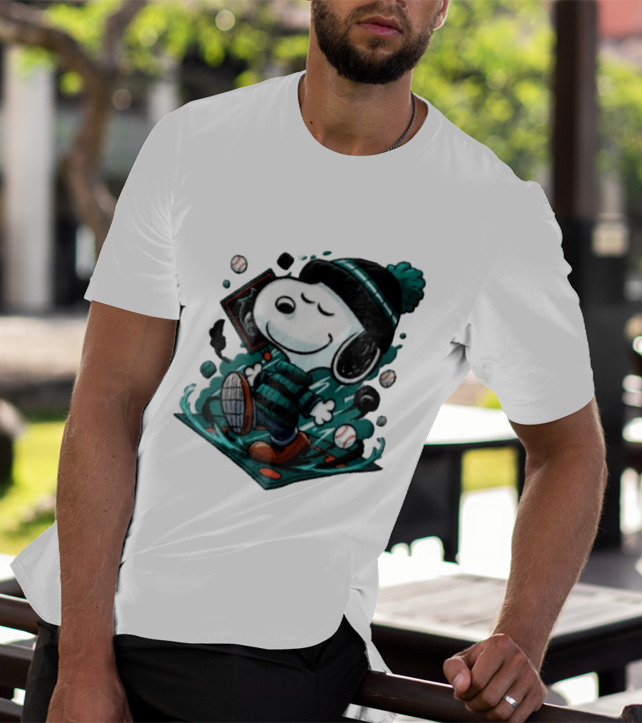 Miami Marlins MLB Snoopy Walking Teal Winter Beanie Striped Baseballs T-Shirt