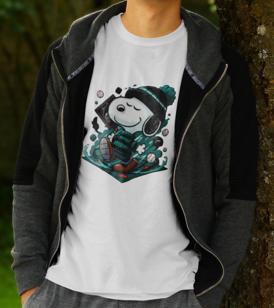 Miami Marlins MLB Snoopy Walking Teal Winter Beanie Striped Baseballs T-Shirt