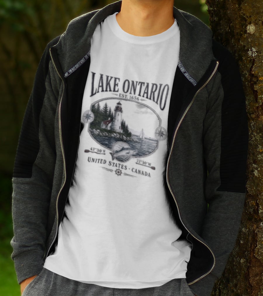 Lake Ontario Lighthouse Sailboat Fish 43 30 And 77 W United States Canada T-Shirt
