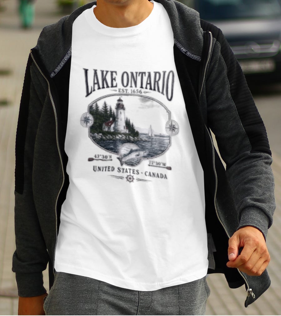 Lake Ontario Lighthouse Sailboat Fish 43 30 And 77 W United States Canada T-Shirt