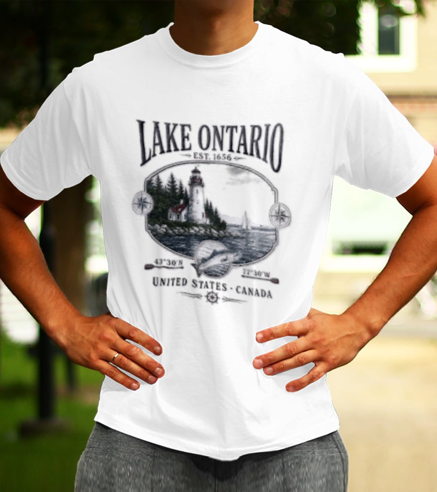 Lake Ontario Lighthouse Sailboat Fish 43 30 And 77 W United States Canada T-Shirt