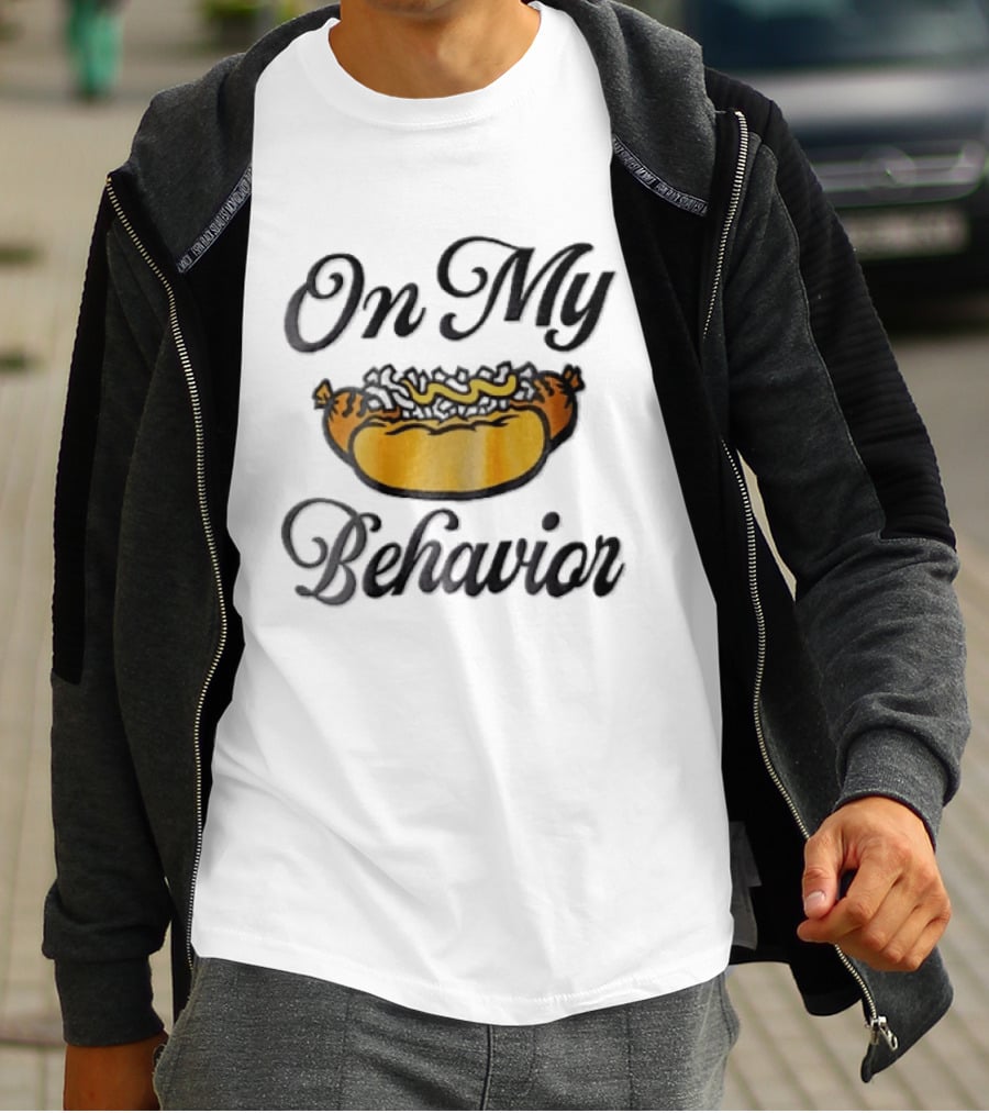 On My Behavior Hot Dog Mustard Relish Cartoon T-Shirt