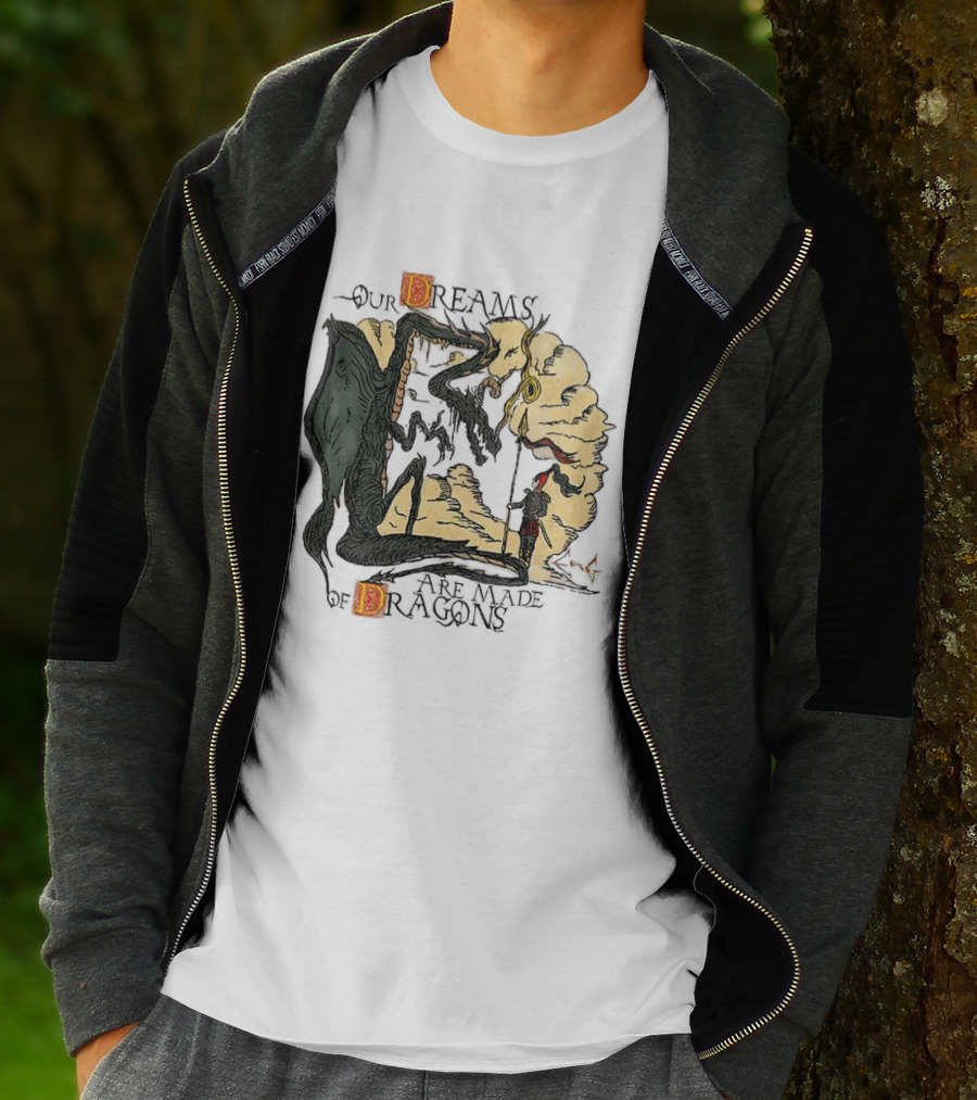 Our Dreams Are Made Of Dragons Artwork Yellow Red Black Fantasy T-Shirt