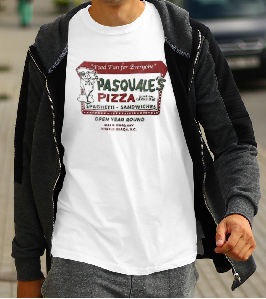 Pasquales Pizza Food Fun For Everyone Myrtle Beach Cartoon Chef Marquee Sign Spaghetti Sandwiches T-Shirt