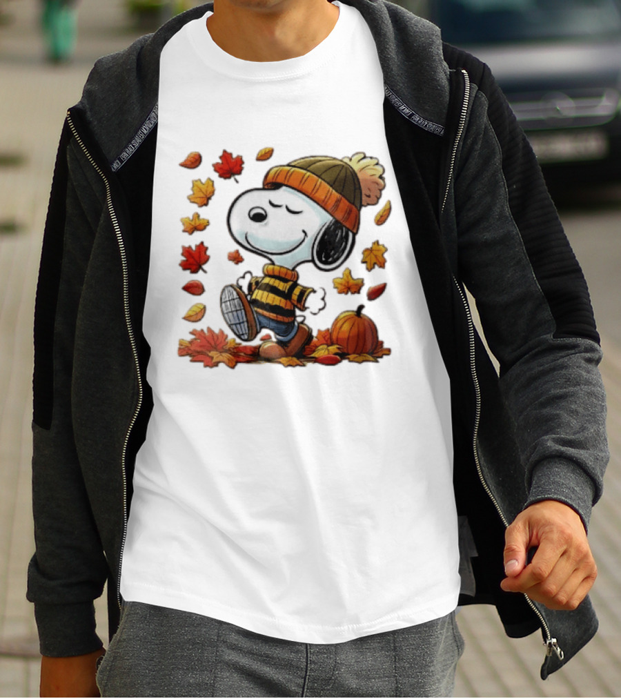 Snoopy Walking In Striped Beanie With Autumn Leaves And Pumpkin T-Shirt