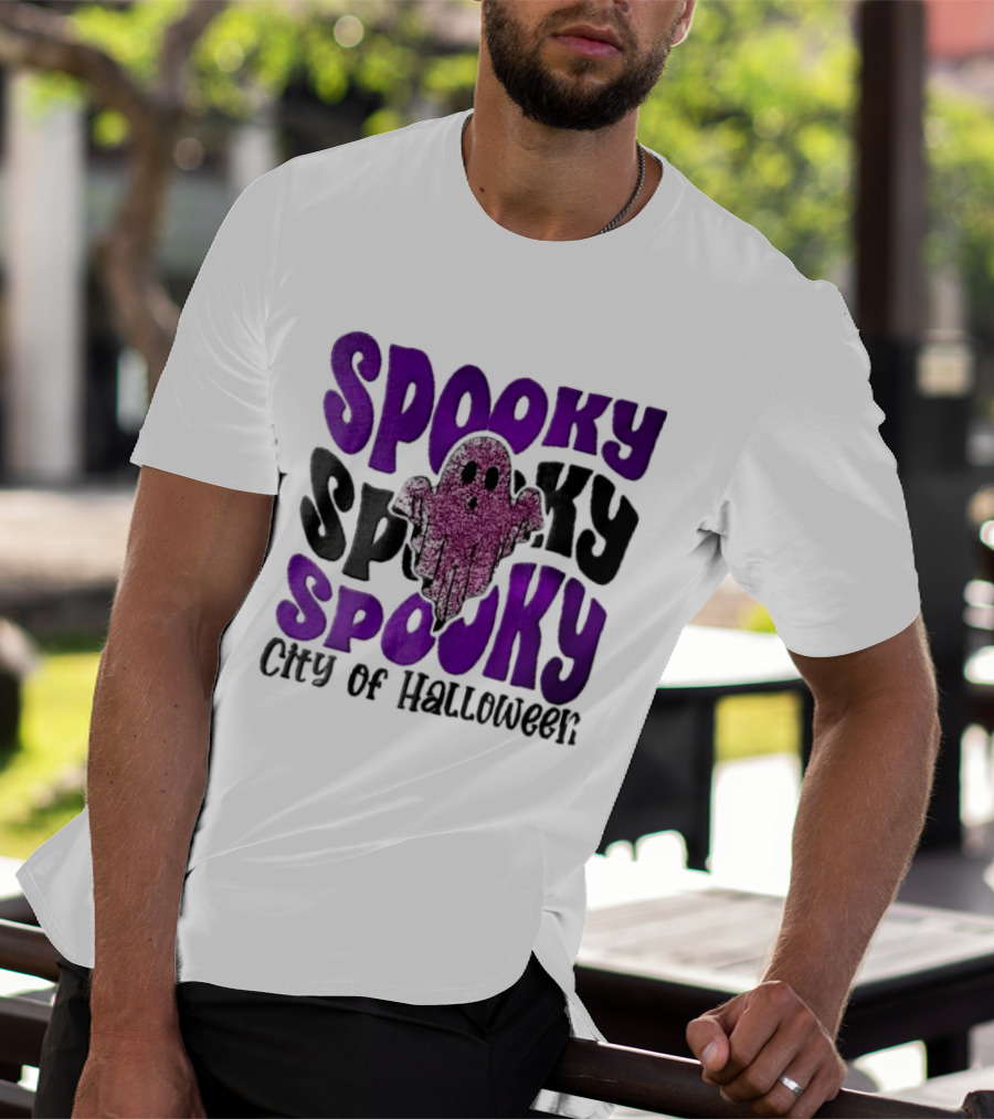 Spooky City Of Halloween Pink Glitter Ghost Retro Groovy T-Shirt